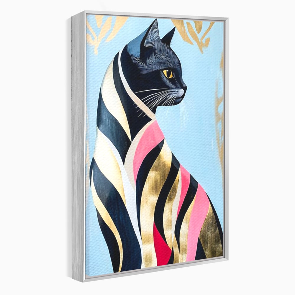 Tablou canvas cu tablou canvas cu pisica neagra stilizata, in rama de aluminiu argintiu